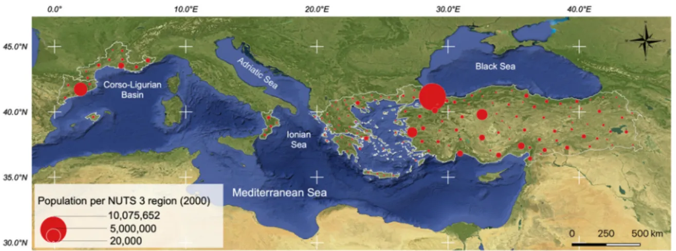 Figure 3. Population in Mediterranean Basin at NUTS 3 level (source: SEDAC, 2018). 