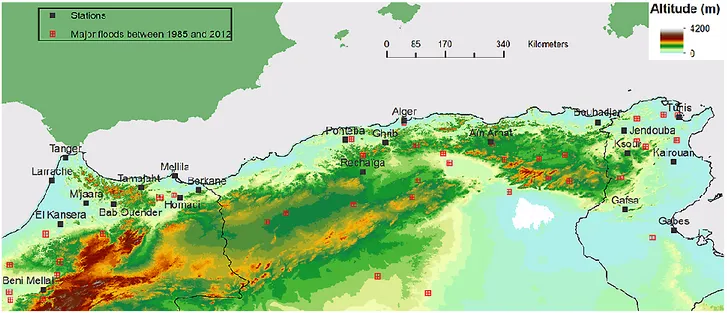 Fig. 2. Map of the selected stations and centroids of the areas affected by floods between 1984 and 2012 (data from G