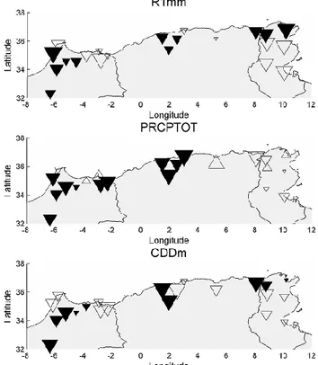 Fig. 6. Maps of the long-term trends detected for the indices R1mm, PRCPTOT and CDDm. The size of the triangles is proportional to the Sen slopes estimated on the full length of the time series