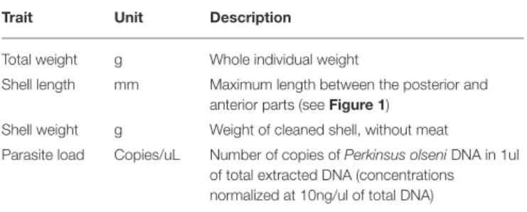 TABLE 1 | Description of the traits recorded for each individual clam during the large-scale phenotyping and DNA sampling.
