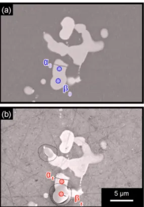 Figure 11. 共 Color online 兲 EDS analyzes on the 共 a 兲 ␣ and 共 b 兲 ␤ zone marked out in Fig