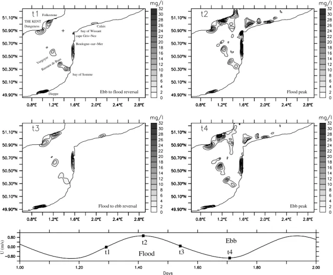 Figure 4. Predicted fields of total SSC 40 cm below the free surface at times of current peaks (t2, t4) and slack waters (t1,t3) of a mean tidal cycle in the centre of the inner domain (λ = 1 o 400 E, φ = 50 o 900 N), localized by + in the top left slide.
