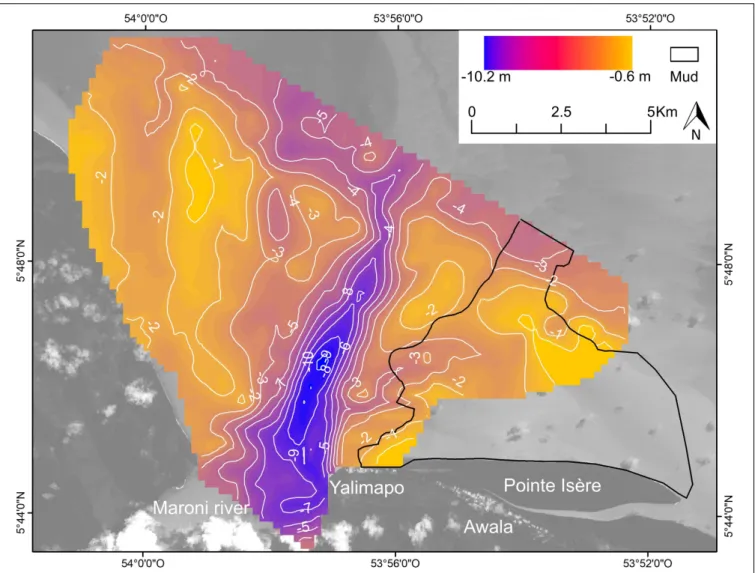 FIGURE 6 | Bathymetry of the Maroni estuary showing advanced sandy infill and a single estuarine channel