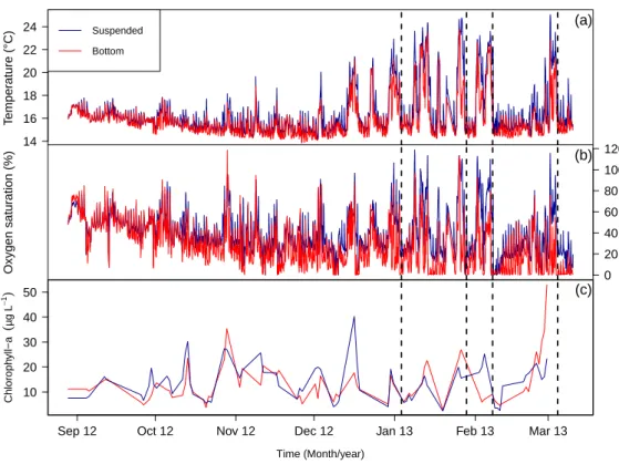 Figure 1: Environmental conditions monitored between August 2012 and March 2013 in Paracas Bay at 3 m depth (level of the suspended cages; blue lines) and on the bottom (red lines)