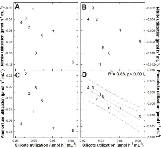 Fig 4. Pairwise relationship between the nutrient fluxes measured in Tethya citrina. No statistically significant relationship was found between silicate utilization rates and nitrate (A), nitrite (B), and ammonium (C) utilization rates