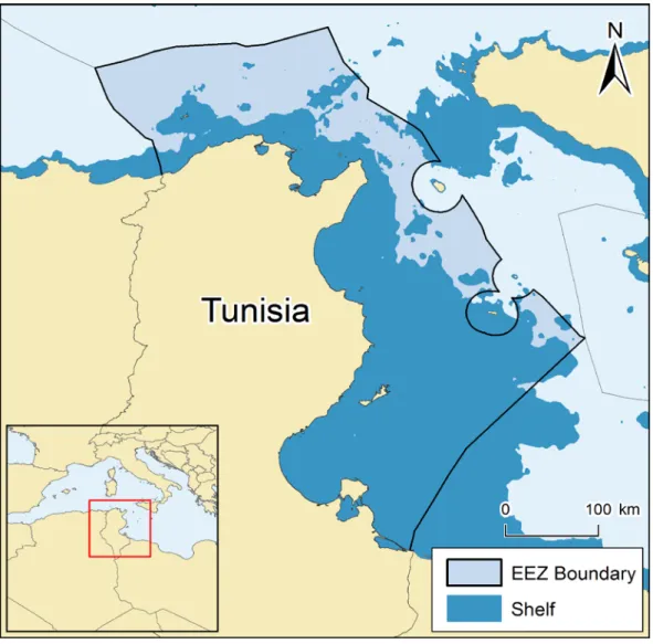 Figure 1. Exclusive Economic Zone (EEZ) and shelf area (to 200 m depth) of Tunisia. 