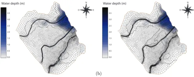 Figure 7. Comparison of the maximal water depth for the real-world simulation. (a) SW12D , (b) SW2D.