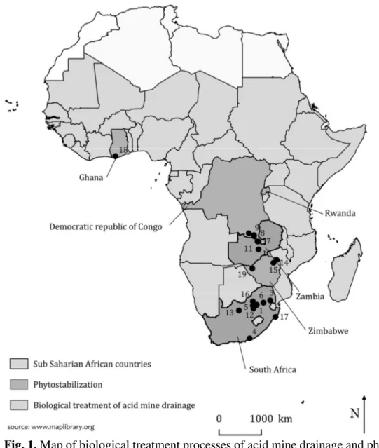 Fig. 1. Map of biological treatment processes of acid mine drainage and phytostabilization  in Sub Saharan African countries 