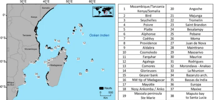 Fig. 1. Coastal and island reefs and their analysis identification number.