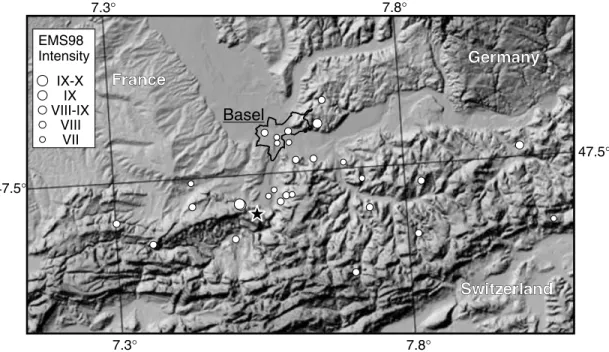 Figure 2. Intensity map for the 1356 October 18 Basel earthquake with data from the Swiss Seismological Service re-evaluated historical seismicity catalogue (F¨ah et al