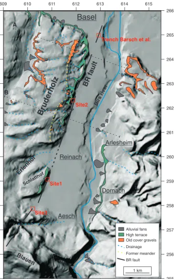 Figure 4. Geomorphology of the Basel–Reinach (BR) fault scarp. Shaded relief of the Birs valley from digital elevation data (DHM25 data set by Landestopographie, DV1441) shows the location of the BR fault (thick black line)