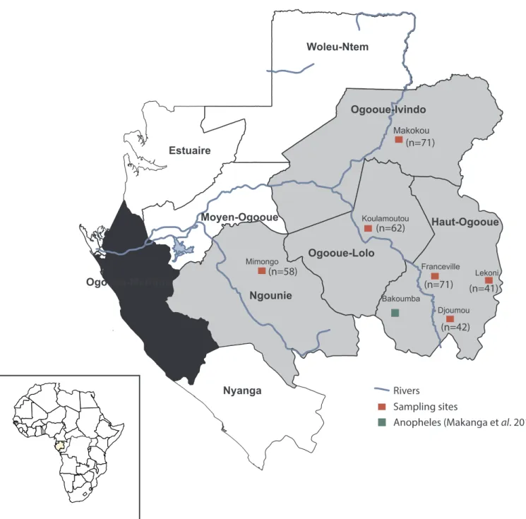 Fig. 1. Location of the provinces of Gabon where rodent samples were collected. The map shows the sites where rodents were captured (in red) and the site where some Anopheles infected with rodent malaria parasites were found in a previous study (in green) 