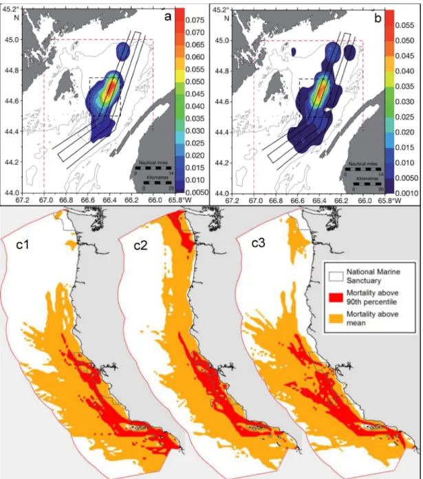 Fig.  3. Assessment  of  the  ship-right  whale  encounter  risk  (a),  the  lethal  collision  risk  (b)  at  small  scale  (Bay  of  Fundy,  Canada;  Vanderlaan  et  al.,  [87],  ©  Inter-Research 2008) and the lethal blue (c1), humpback (c2) and fin wha
