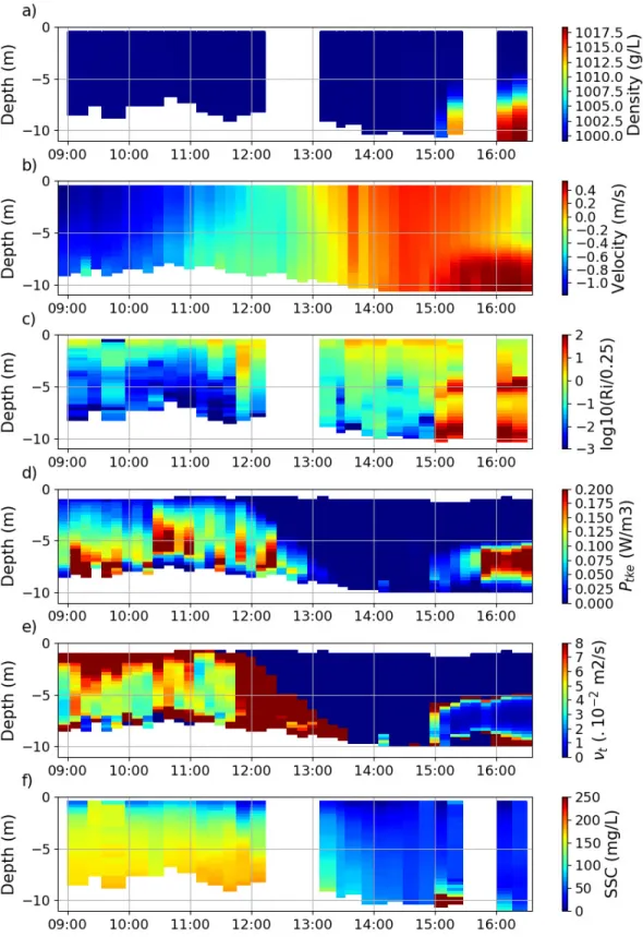 Figure 8: Tidal evolution during HD-ST18 experiment : (a) vertical structure of density, (b) time-averaged velocity, (c) Richardson number, (d) rate of TKE production, (e) eddy viscosity and (f) suspended sediment concentration.