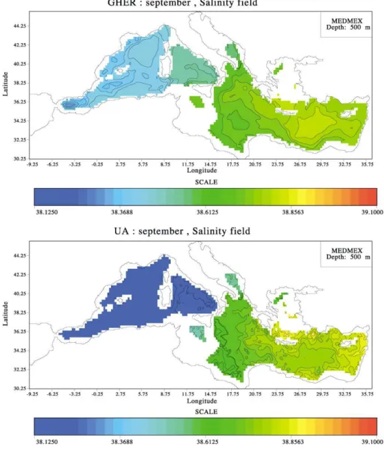 Fig. 10. Salinity fields September average at 500-m depth, experiment I.
