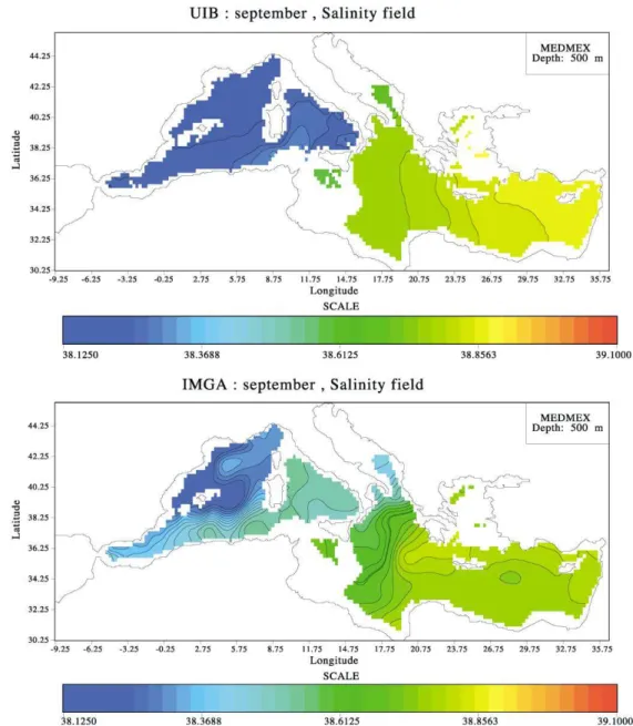 Fig. 11. Salinity fields September average at 500-m depth, experiment I.