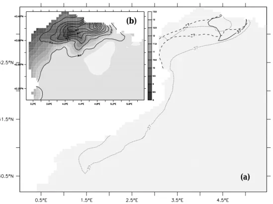 Fig. 12. (a) Extension of the fresh surface waters (delimited by the 37 PSU isohaline) in January (full line), March (dashed line), July (dotted line) of year II