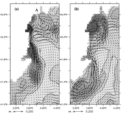 Fig. 15. Temperature (shaded, isotherms in ◦ C) and velocity (arrows, in cm/s) at 400 m in the western Gulf of Lions and northern Catalan Sea on: (a) 12 March, year II; (b) 22 March, year II