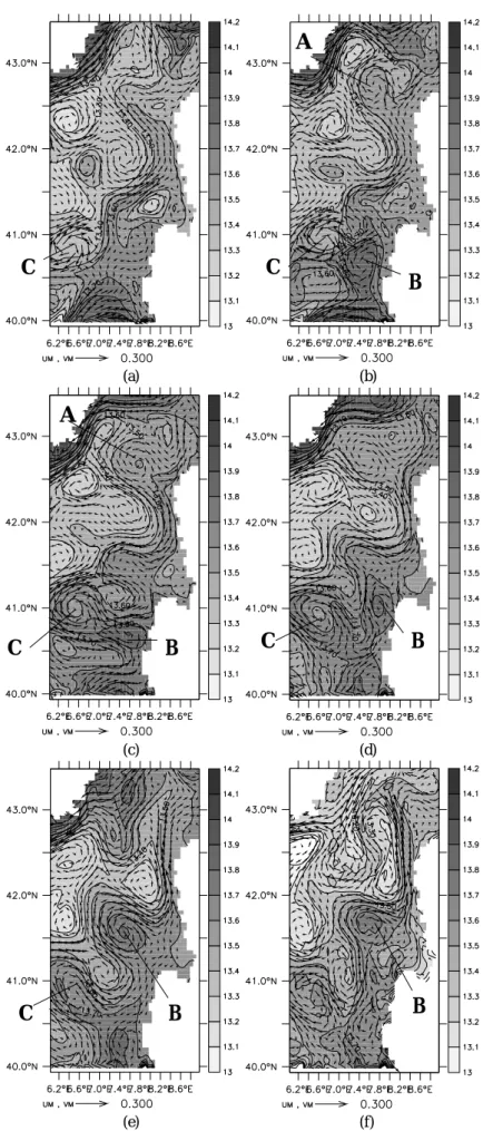Fig. 4. Monthly mean temperature (shaded, in ◦ C) and velocity (arrows, in m/s) at 100 m in: (a) August; (b) September; (c) October; (d) November;