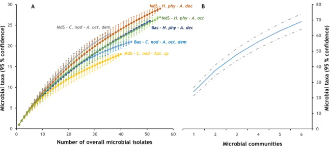 Figure 1. Rarefaction and accumulation curves of microbial species in ant nests. (A)  Rarefaction curve for each bacterial community; (B) species accumulation curve