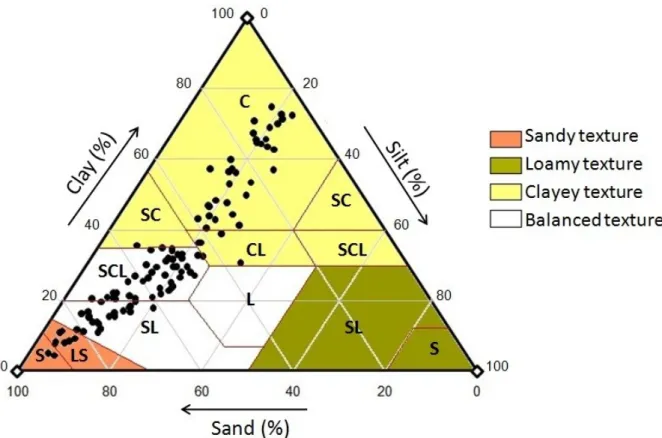 Fig. 2: Distribution of soil samples (n = 113) inside the texture triangle (S: sand, C: clay, S: 