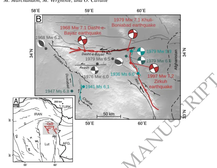 Figure 1. Regional tectonic overview and the NE Lut earthquake sequence. (A) Map of eastern Iran show- show-ing the main tectonic faults (thin black lines) and the study area in (B) (light grey box)