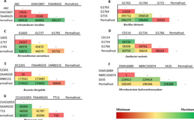 Figure 1. Pairwise comparisons of the number of different Single Nucleotide Polymorphisms (SNPs) between  strains of the same species