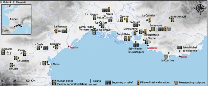 Fig. 2. Maps of the Le Cailar excavation with the distribution of each type of remains and location of samples (on the left) and only the metal artifacts and the human bones (on the right) (all the deposits mapped together).