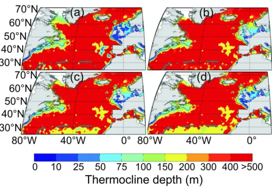 Figure 5. Spatial changes in the mean depth of the thermocline for the period between January and  March using different methods and thresholds