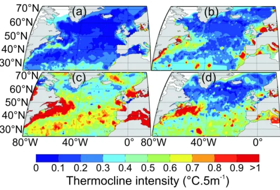 Figure 7. Seasonal spatial changes in the mean intensity of the thermocline for the period (a)  between January and March (b) April and June (c) July and September and (d) October and 