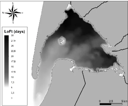 Fig. 3 Local oceanic flushing time (LoFt) calculated over the whole  Arcachon Bay using MARS3D numerical model