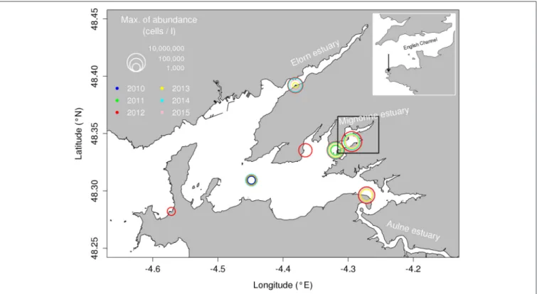 FIGURE 1 | Bay of Brest with the A. minutum maximum abundance during the last 6 years and at the different monitoring stations