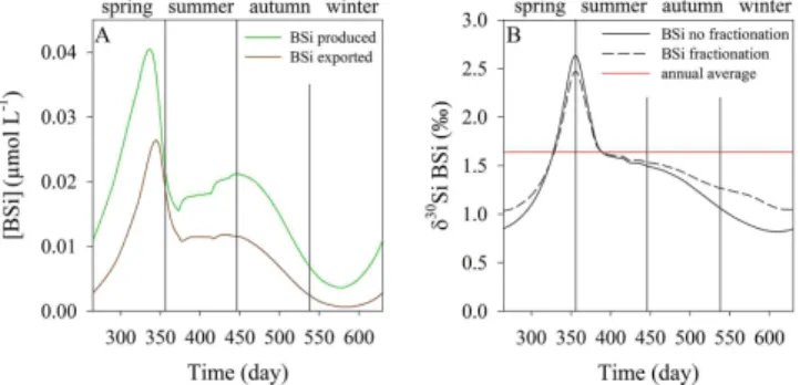 Fig. 7. Evolution of the main fluxes and ratios in the basic model run (with neither basalt input nor fractionation during biogenic silica dissolution); (A) variation of the ratio of Dissolution to Production and of the Uptake to Supply ratio during the ye