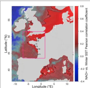 Figure 3. Point-wise correlation between DJFM winter NAO + regime occurrence and JFM sea surface temperature along the European coast from the combined AVHRR and GHRSST satellite products