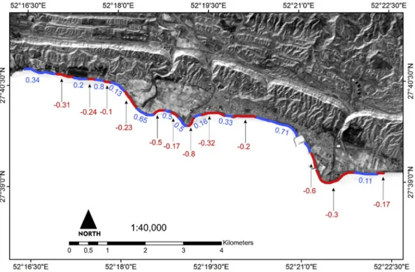 Fig. 4. Map of average EPR erosion/accretion rates, in m yr −1 , for the period 1973 – 2016.