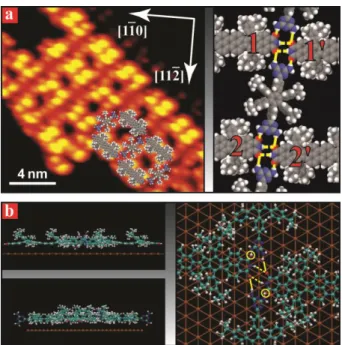 Fig. 1 Two-dimensional island formed from Lander DAT and DCI on the Au(111) surface. (a) STM image of 2D grid-like pattern (left panel)  and a tentative model (right panel) of this structure