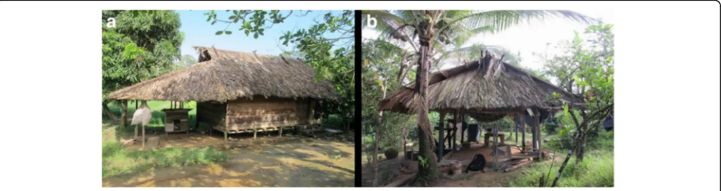 Fig. 3 Left, a living house on stilts. Right, b cooking and resting building annexed to a house