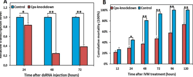 Fig 3. The effect of dsRNA on expression of Cpx in the IVM-susceptible strain and the effect of Cpx knockdown on IVM resistance