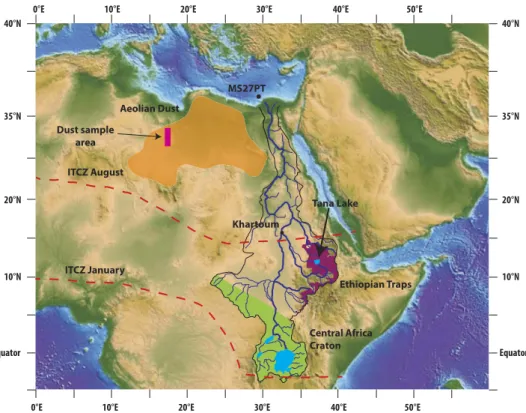 Figure 1.  Map of the Nile catchment and location of core MS27PT (N31°47.90′; E29°27.70′, 1389 m water  depth) (From Revel et al