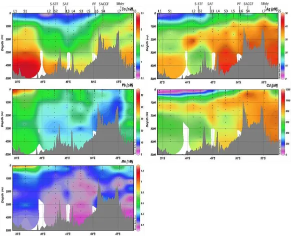 Fig. 3. Contour plots of dissolved copper (Cu, in nM), silver (Ag, in pM), lead (Pb, in pM), cadmium (Cd, in pM) and manganese (Mn, in nM) along the MD166 BONUS-GoodHope section between the southeastern Atlantic and the Southern Ocean