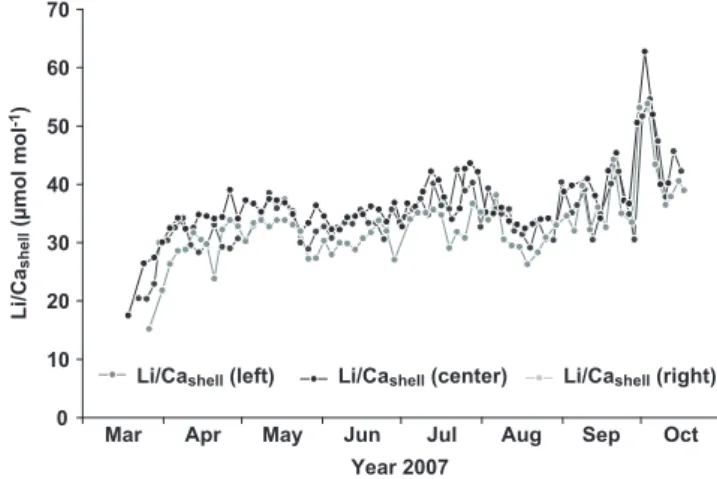 Figure 4: Temporal variations of Li/Ca ratios along left, cen- cen-tral, and right axes of growth of shell #6 collected on 5 November 2007.