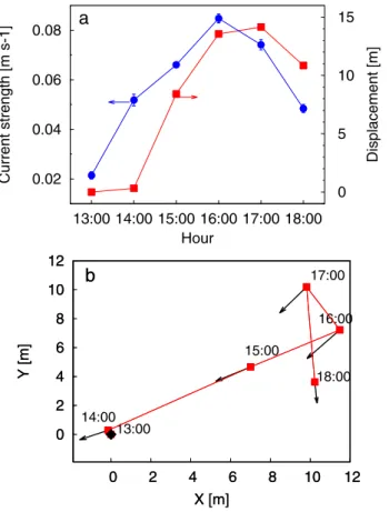 Fig. 3. (a) Distribution of turning angles, (b) distribution of individual swimming speed at diﬀerent hours.