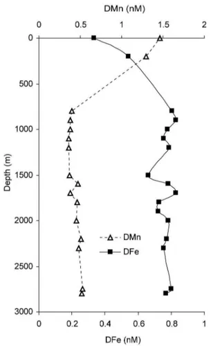 Fig. 8. Vertical profiles for St 44 for DFe (black squares) and DMn (opened triangles).