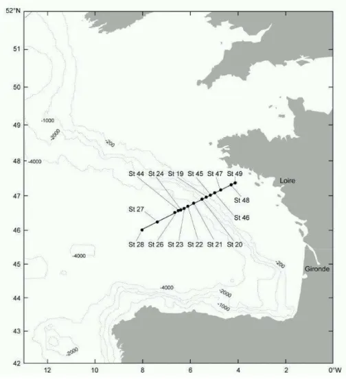 Fig. 1. Sampling location and bathymetry in the Bay of Biscay.