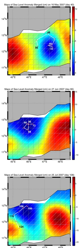 Fig. 4. From top to bottom, sea-level anomaly (SLA) maps of 16 May, 27 June and 25 July 2007 (days 40, 80 and 108 of the mission).