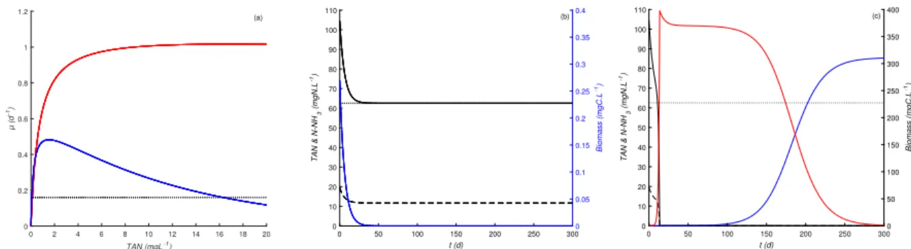 Figure 3. Simulation results obtained under a continuous supply with a high TAN concentration (dotted line in (b) &amp; (c)) at a fixed dilution rate (dotted line in (a)).