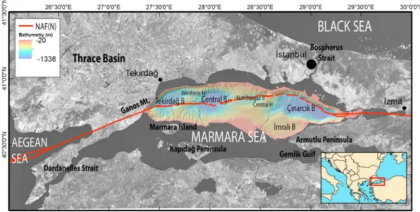 Figure 1. Geographic and simpli ﬁ ed tectonic setting of the Marmara Sea. B stands for Basins, H for Highs, and NAF(N) for the northern branch of the North Anatolian Fault