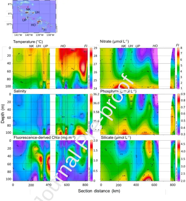 Fig. 4 Left vertical sections of CTD measurements temperature, salinity and in vivo fluorescence used as a proxy 