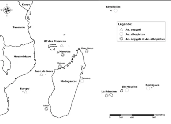 Fig. 1. – Répartition d’Aedes albopic- albopic-tus et d’Aedes aegypti dans la zone du sud-ouest de l’Océan Indien.