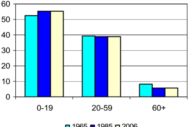 Figure 6 : Évolution de la part des individus de moins de 20 ans, de 20 à59 ans et de plus de 60 ans dans le  village de Sob  0102030405060 0-19 20-59 60+ 1965 1985 2006